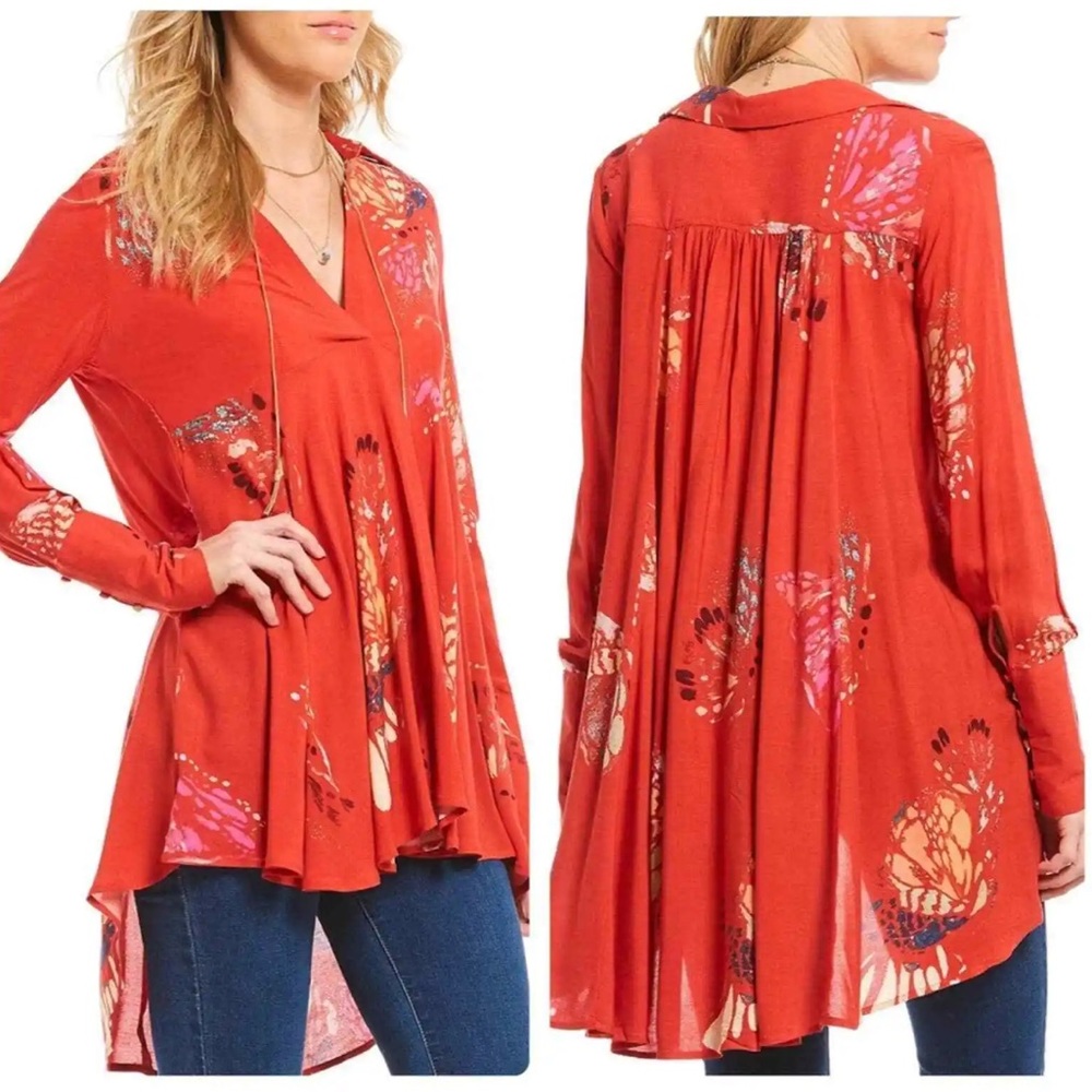 Free People Field of Butterflies Oversized Red Orange Long Sleeve Tunic size S
